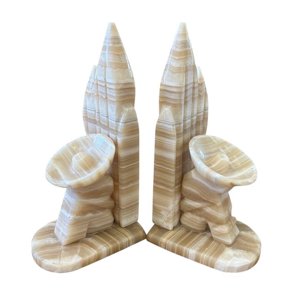 Vintage Pair of Carved Mexican Onyx Stone Siesta Cactus Bookends Circa 1970s